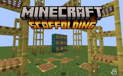 Scaffolding blocks placed in random positions and bamboo and string in item frames hinting at the crafting recipe of scaffolding in Minecraft