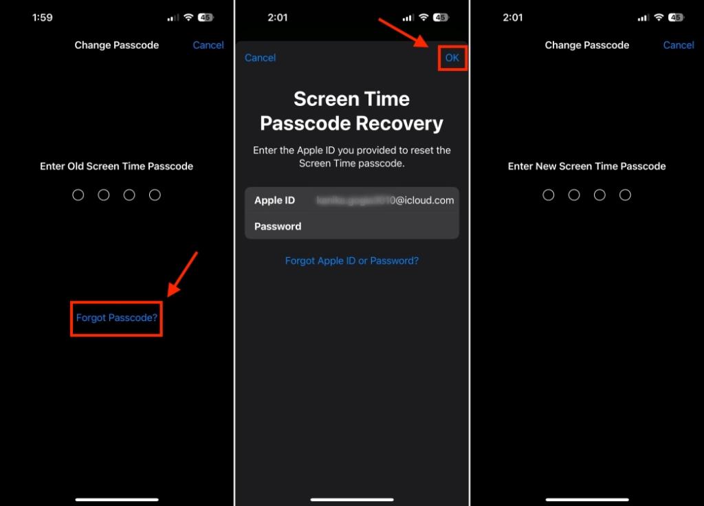 Screen Time Passcode recovery on iPhone