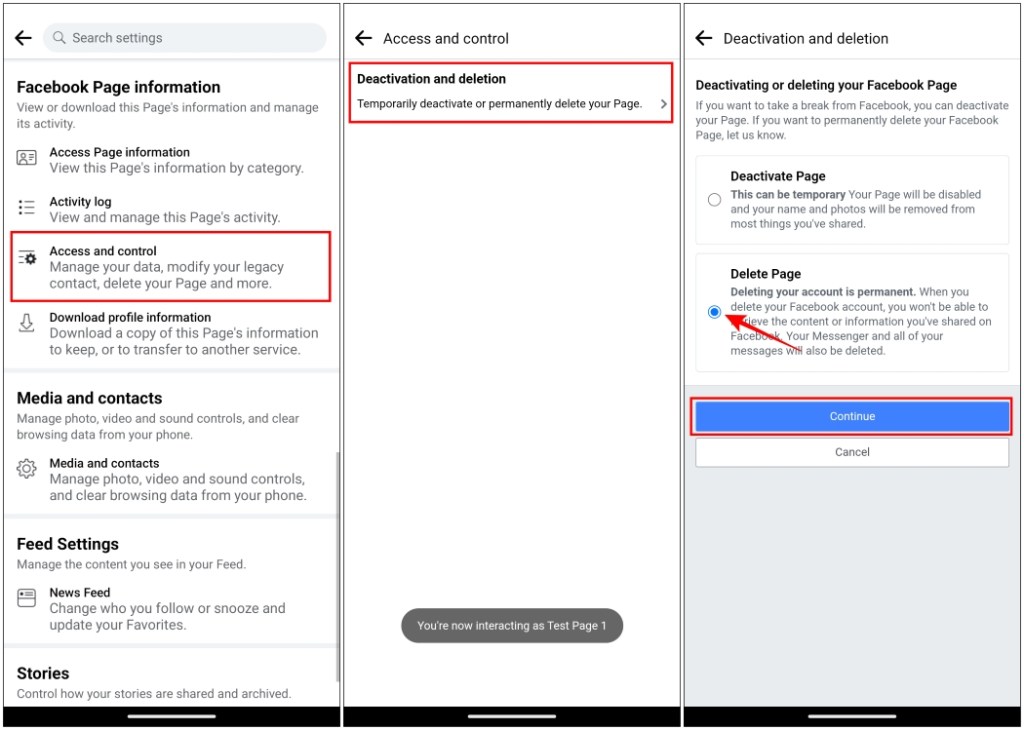 Pick the delete page option in Facebook