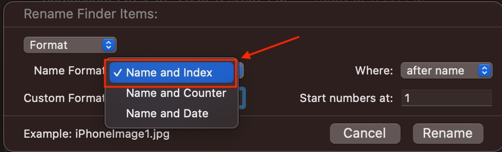 Select Name Format in Rename Finder Item Dialog box on Mac