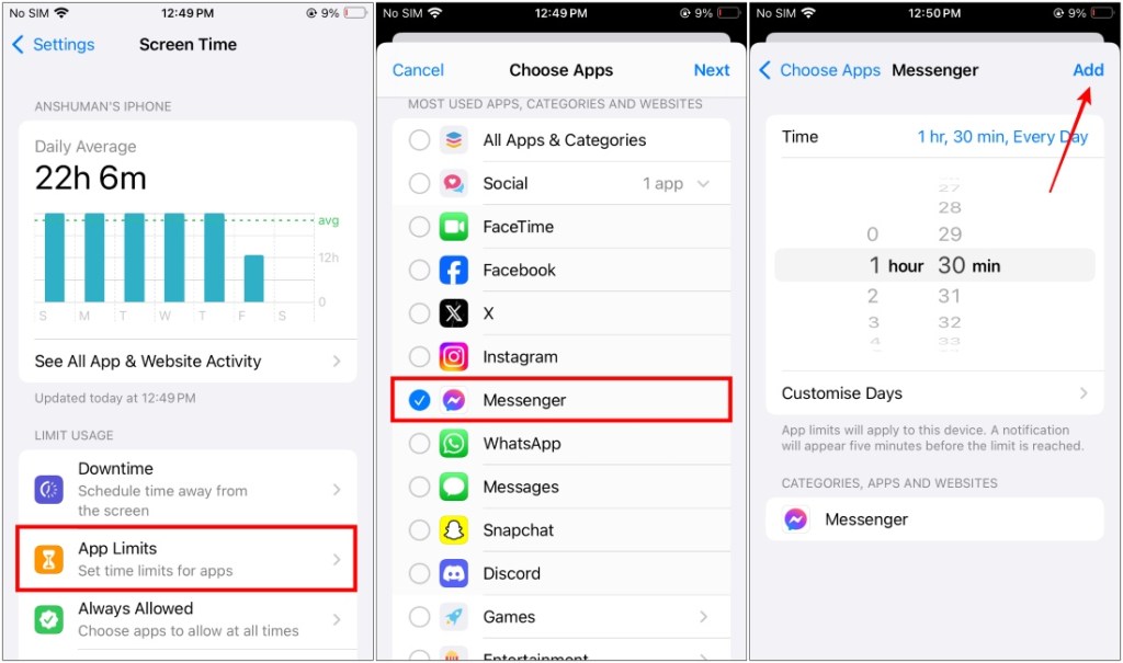 Set Messenger Screen Time on iOS