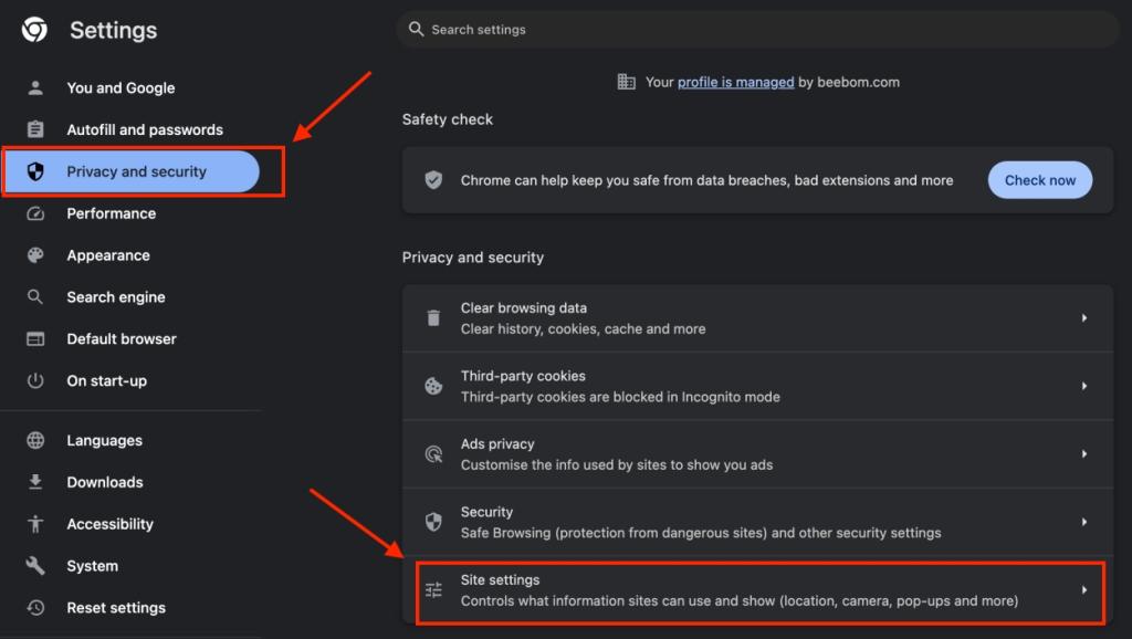 Site Settings option in Chrome Settings