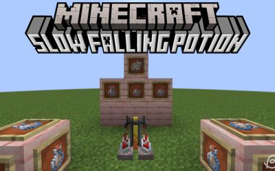 Slow falling potions in item frames and a brewing stand with potions inside it in Minecraft
