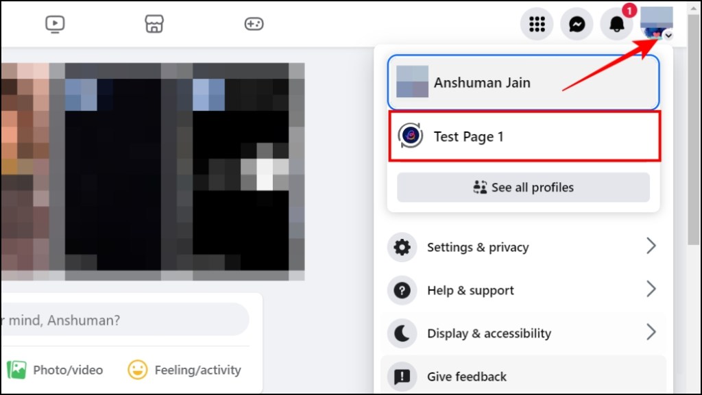 Switch to Facebook Page account using the arrow icon below the profile icon