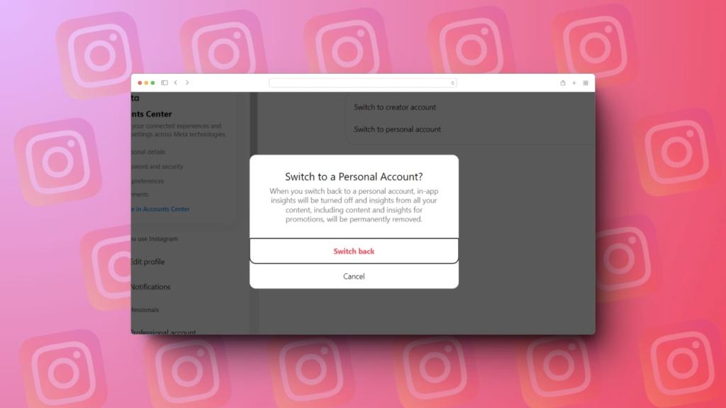 Switching back to personal account on Instagram