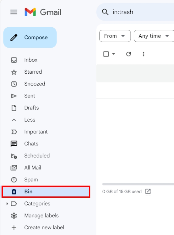 Trash folder on Gmail for web