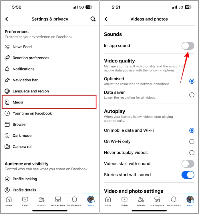 From the Media settings turn off the toggle for Sounds in the app to disable the chirping sound in Facebook app