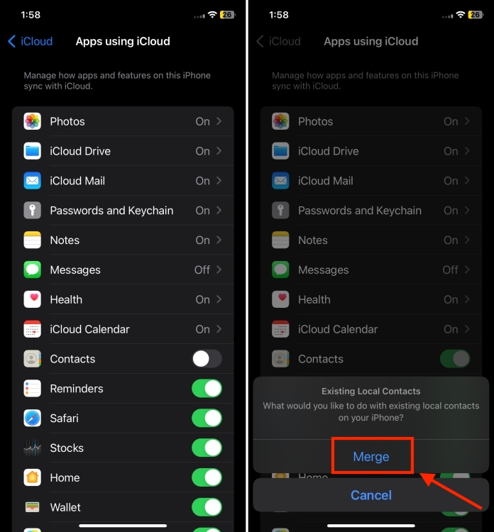 Turn on Contact syncing in iCloud Settings