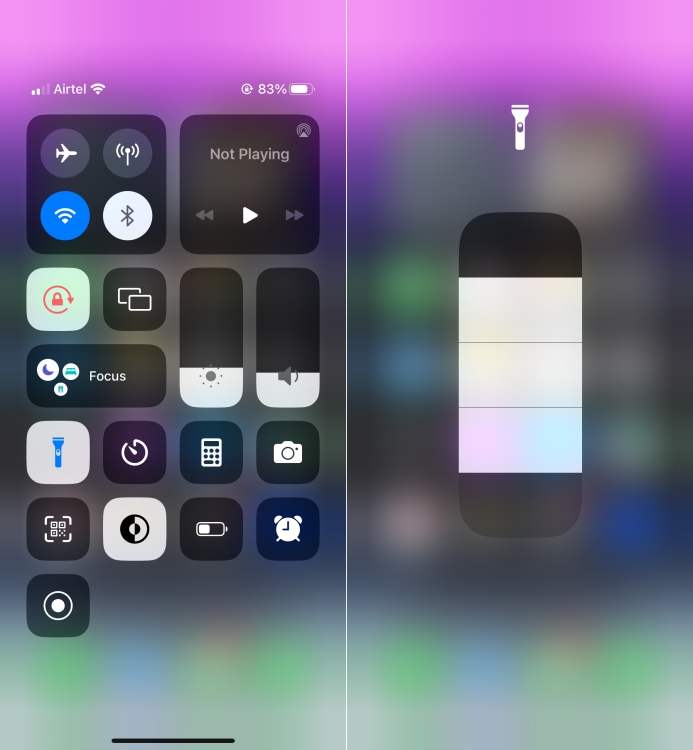 Turn on flashlight in Control Center