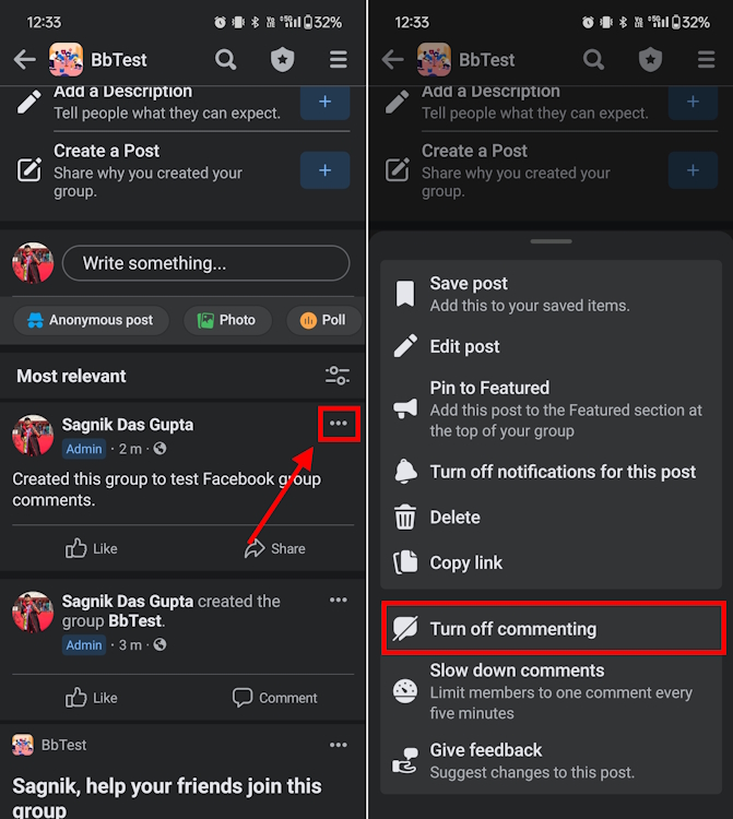 how to turn off comments on facebook group post