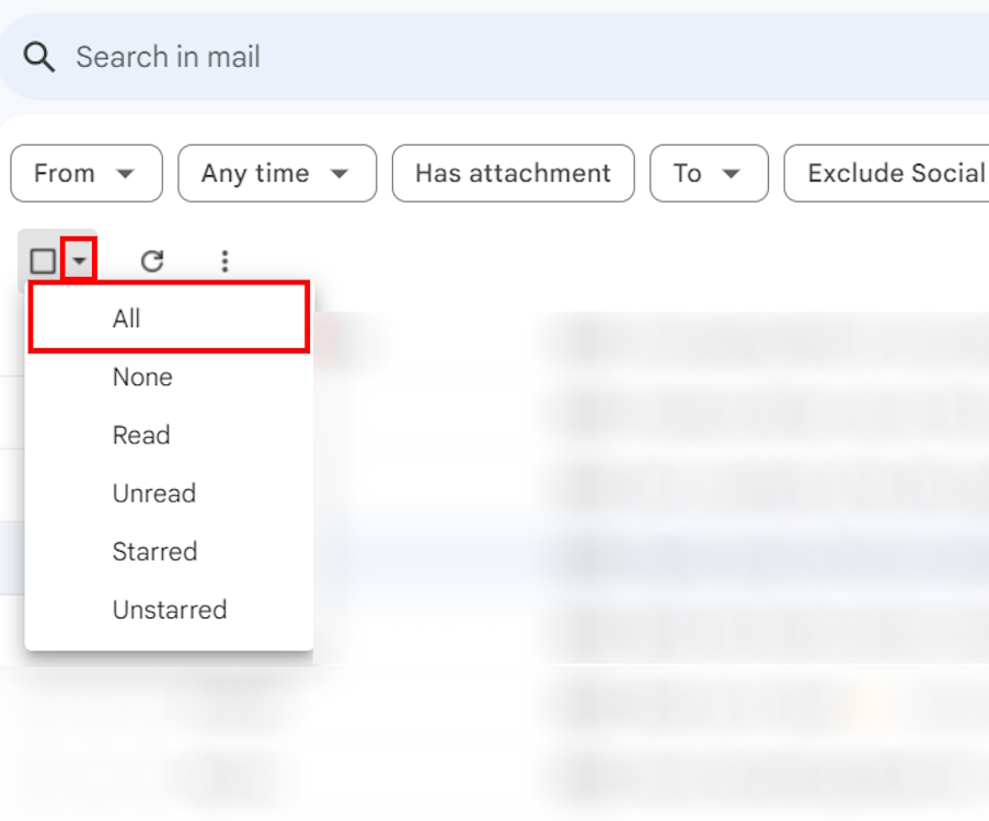 Using drop-down menu on Gmail to sort and select all emails
