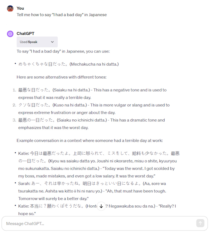 Learning how to speak Japanese with the Speak ChatGPT Plugin