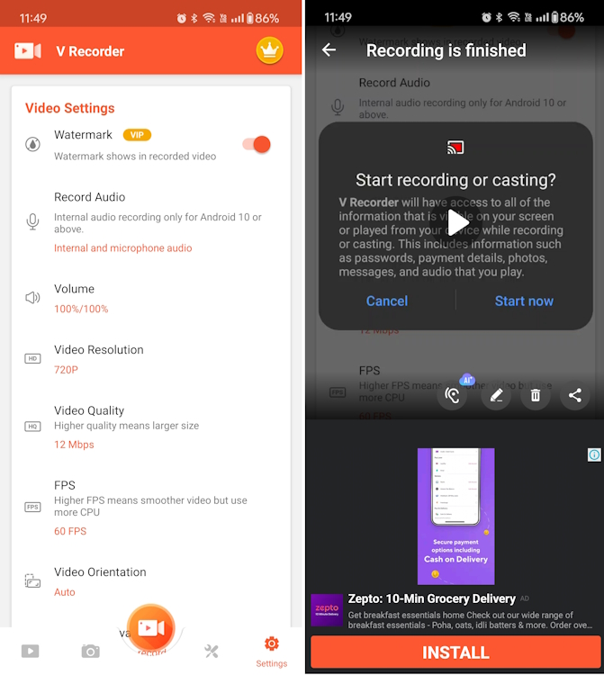 V Recorder Android app interface