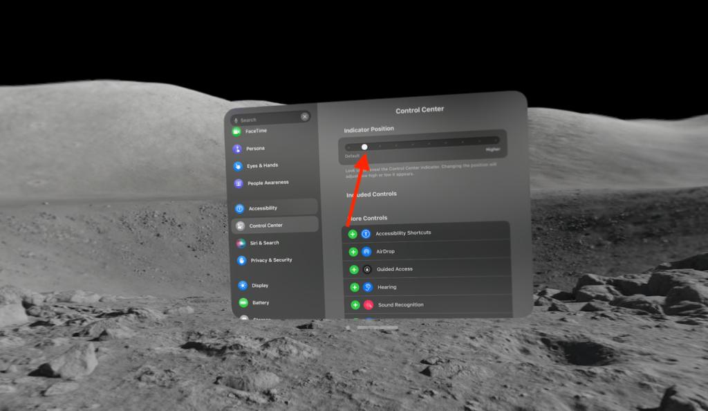 Vision Pro Control Center Indicator Position