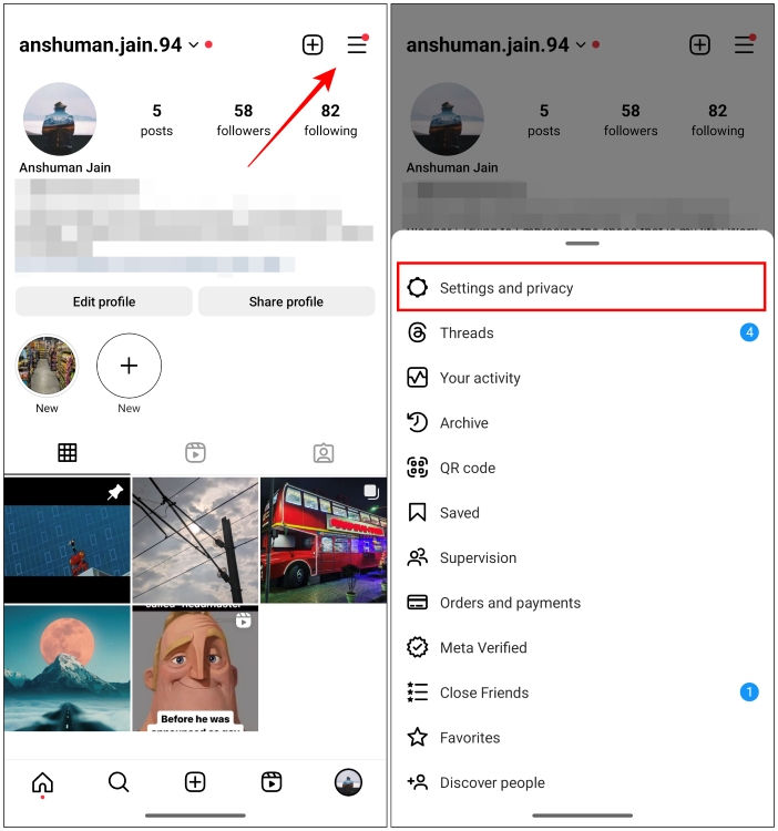 Go to Settings and privacy option in Instagram