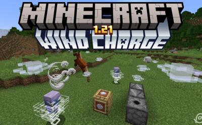 Wind charge projectiles fired and breezes running around in Minecraft 1.21