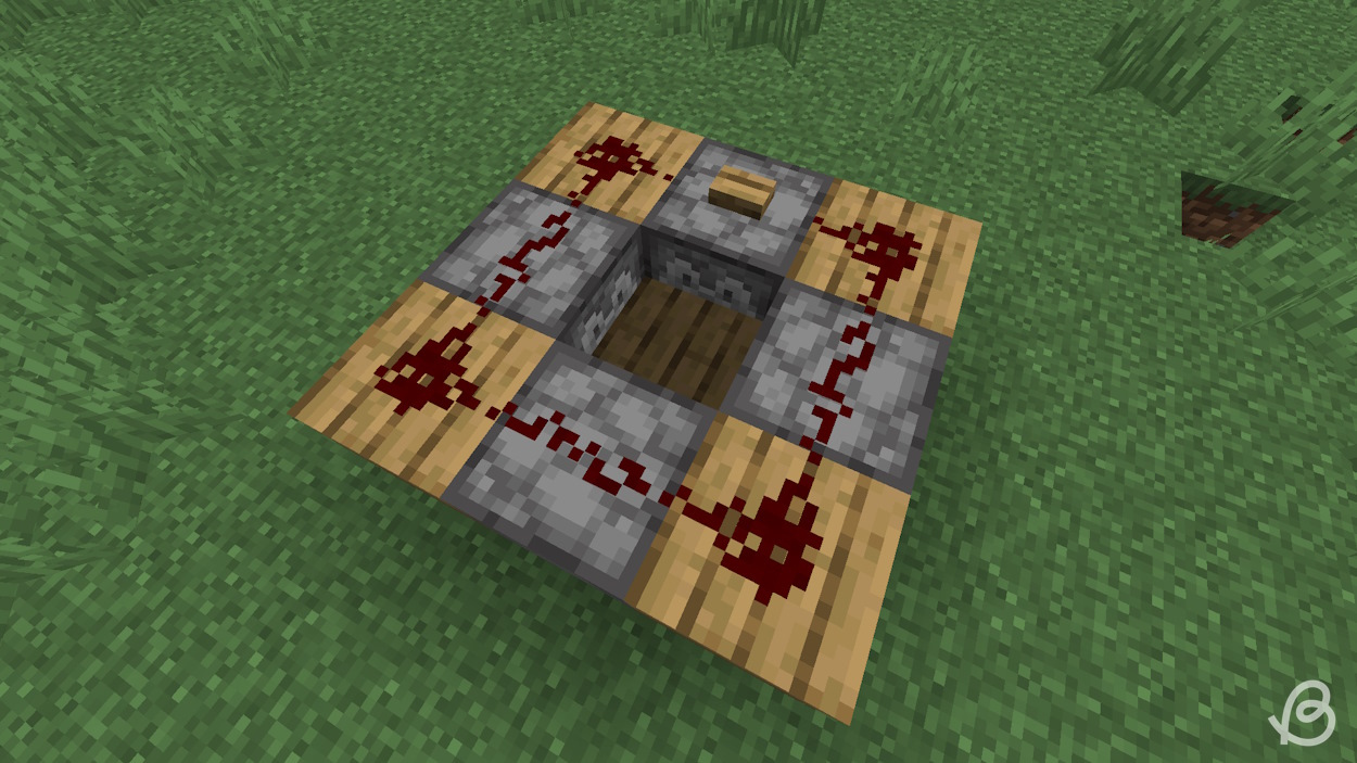 Redstone dust on top of the solid blocks and three dispensers and a button on top of the last dispenser