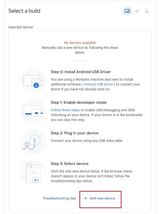 add new device using android flash tool