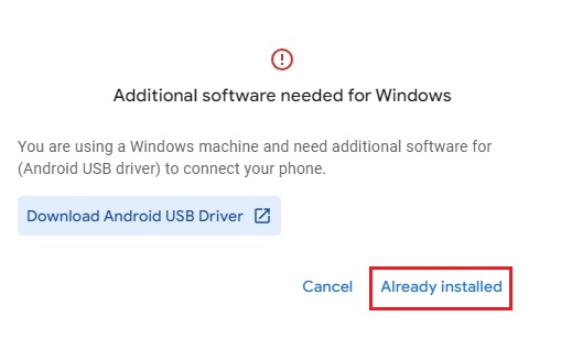 already installed USB driver for android flash tool