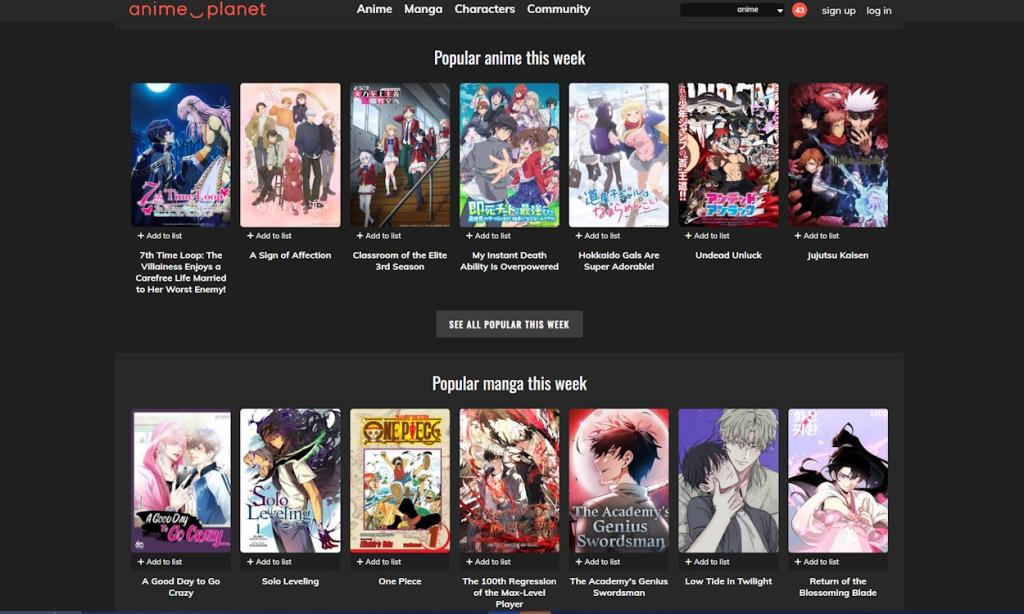 homepage of Anime Planet
