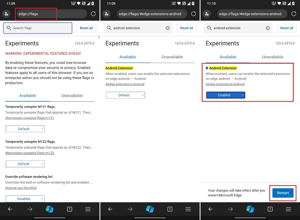 enable android extension flag in edge canary on android