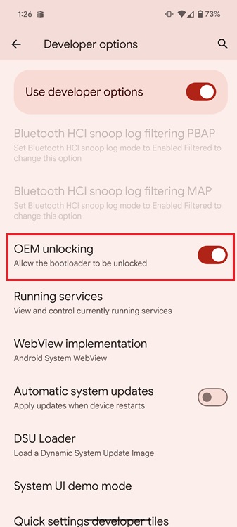 enable oem unlocking in pixel phones