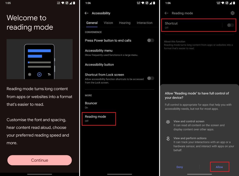 enable reading mode on android froma accessibility settings page