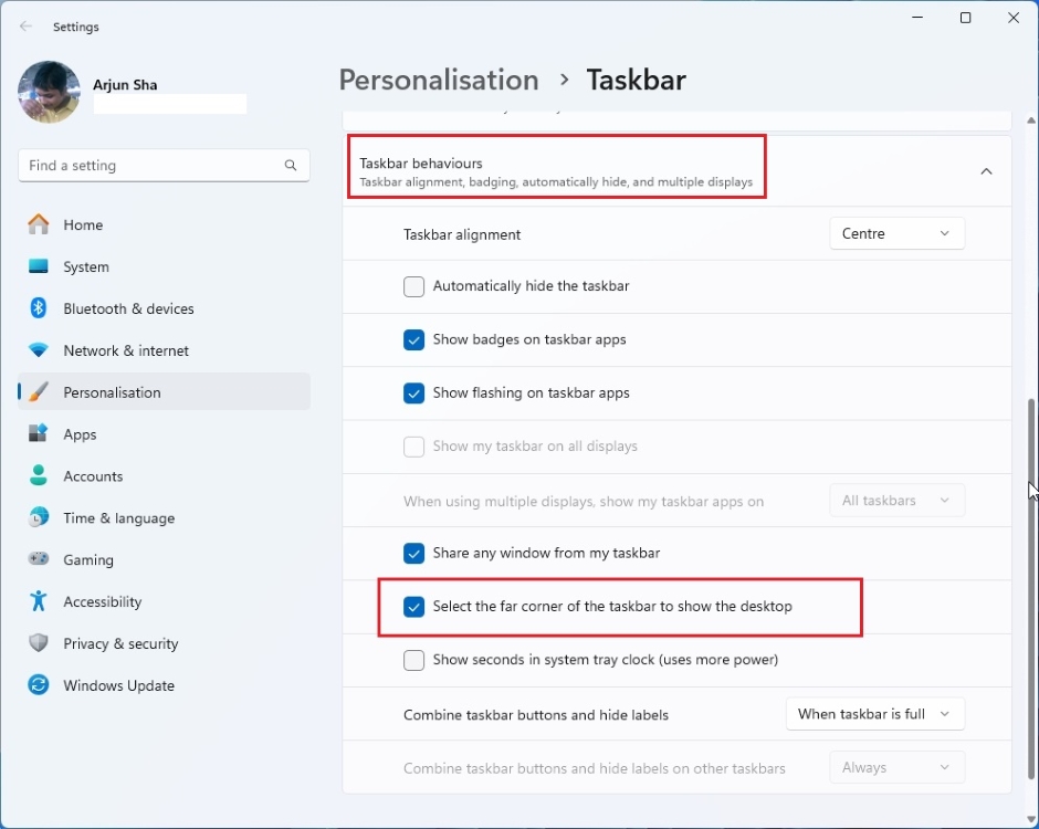 enable show desktop button on windows 11 taskbar
