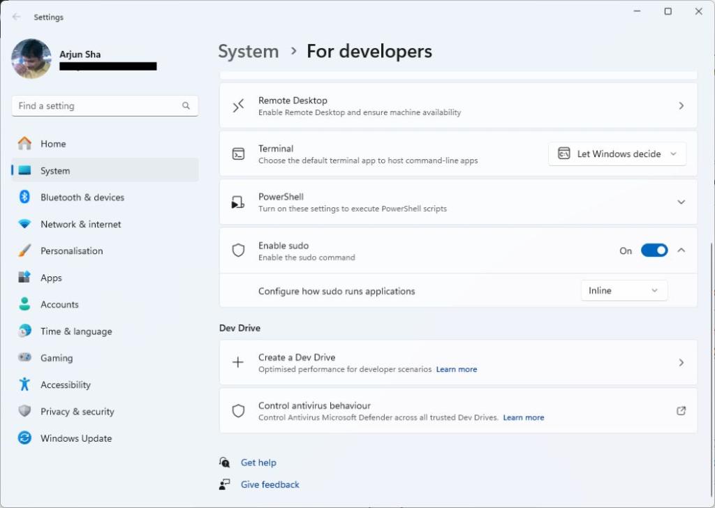 enable sudo command in windows 11 settings