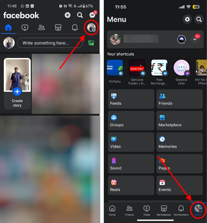 facebook profile menu icon placement in android and ios