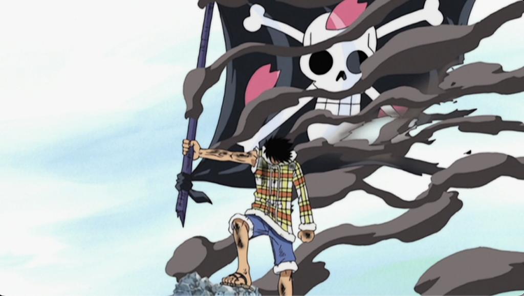 Luffy upholding a pirate flag