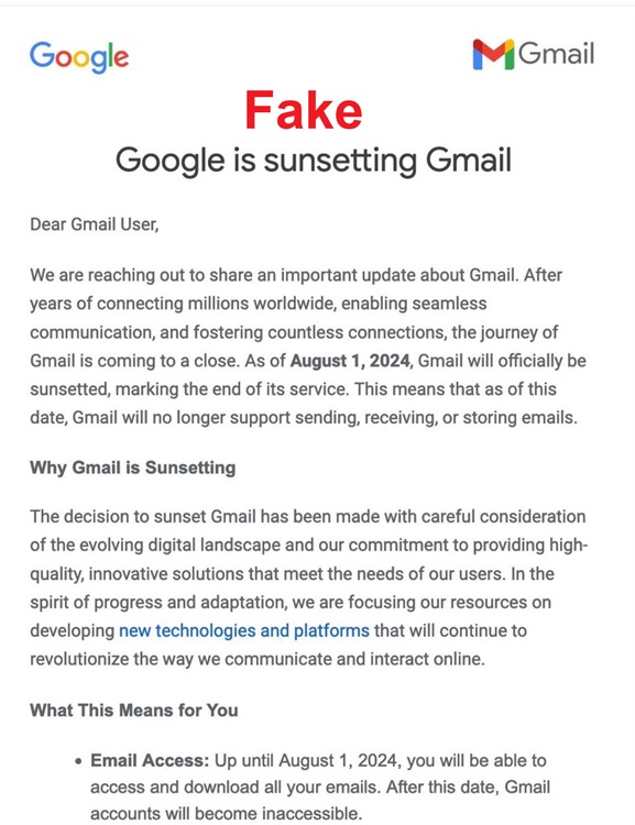 fake email of gmail shutting down circulating on the internet