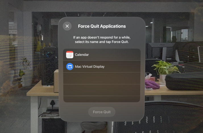 Force Quit Applications menu in Vision Pro