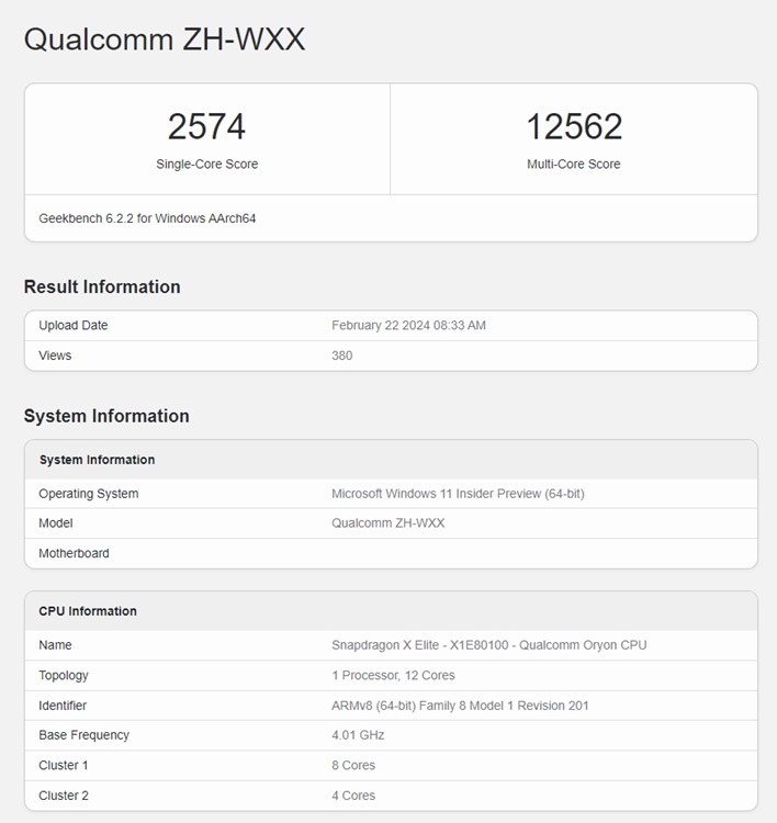 geekbench score of snapdragon x elite