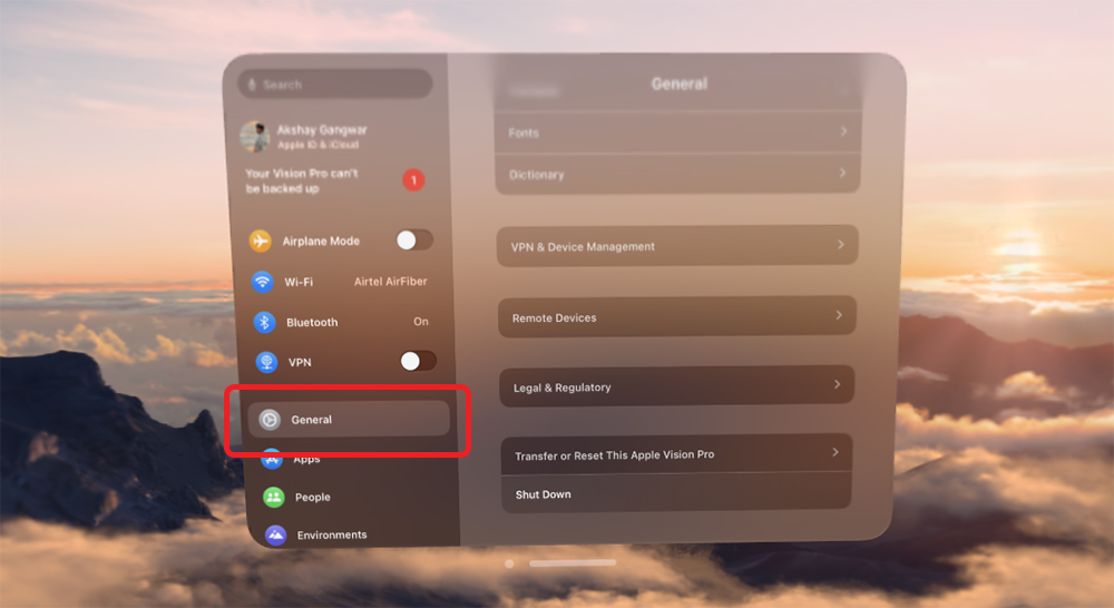 Settings app in visionOS with the "General" settings highlighted