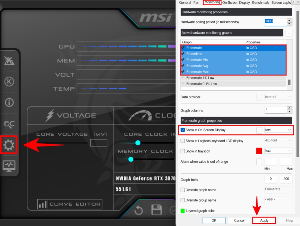 msi afterburner enabling monioring of FPS statistics 