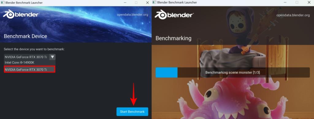 how to select GPU as the device to benchmark in blender benchmark to test content creation performance