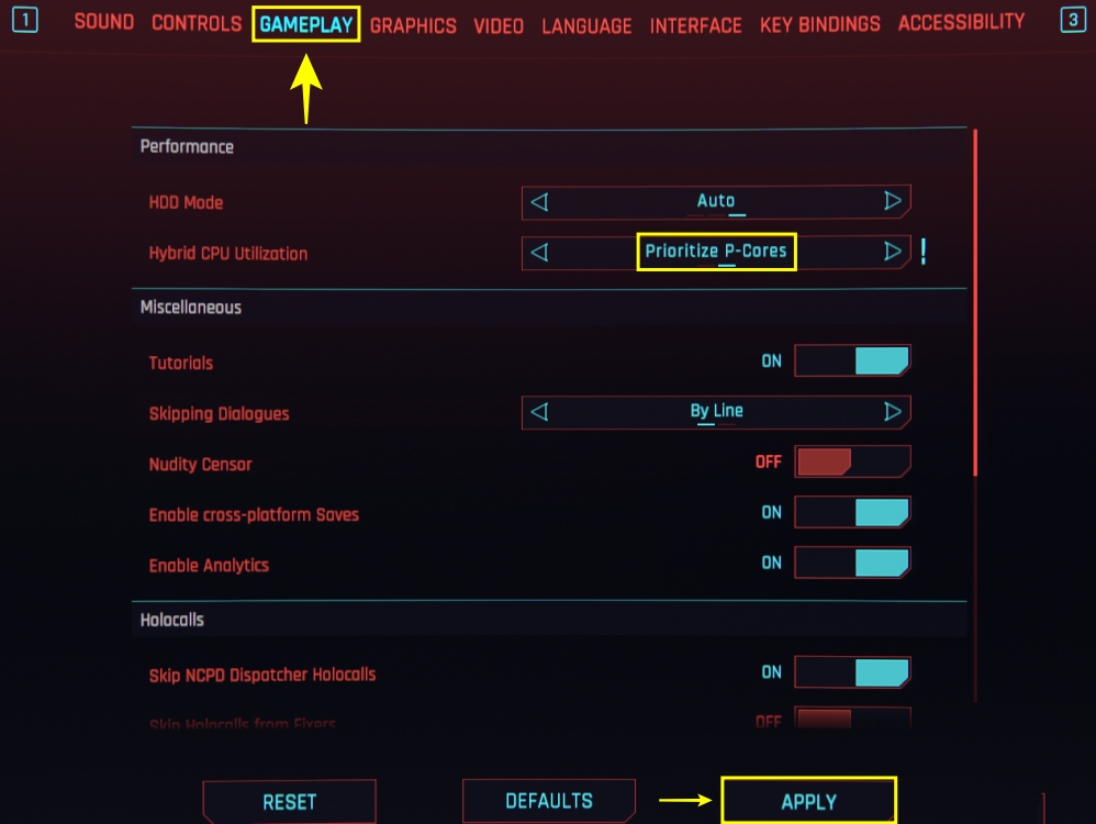 how to turn on prioritize p-cores setting in cyberpunk 2077 for fps boost