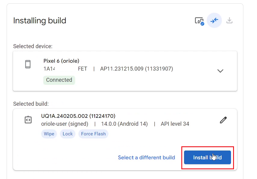 install android 14 build using android flash tool on pixel