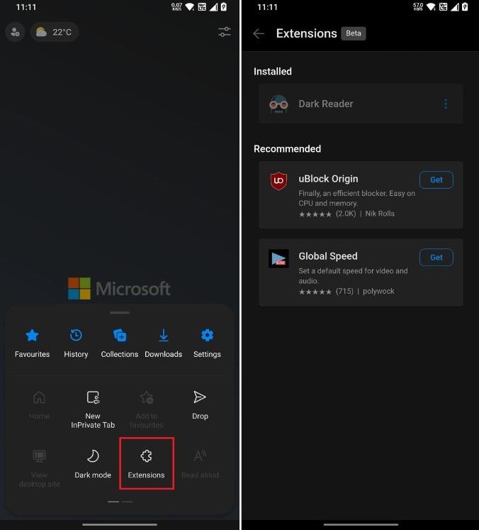 install extensions in edge on android