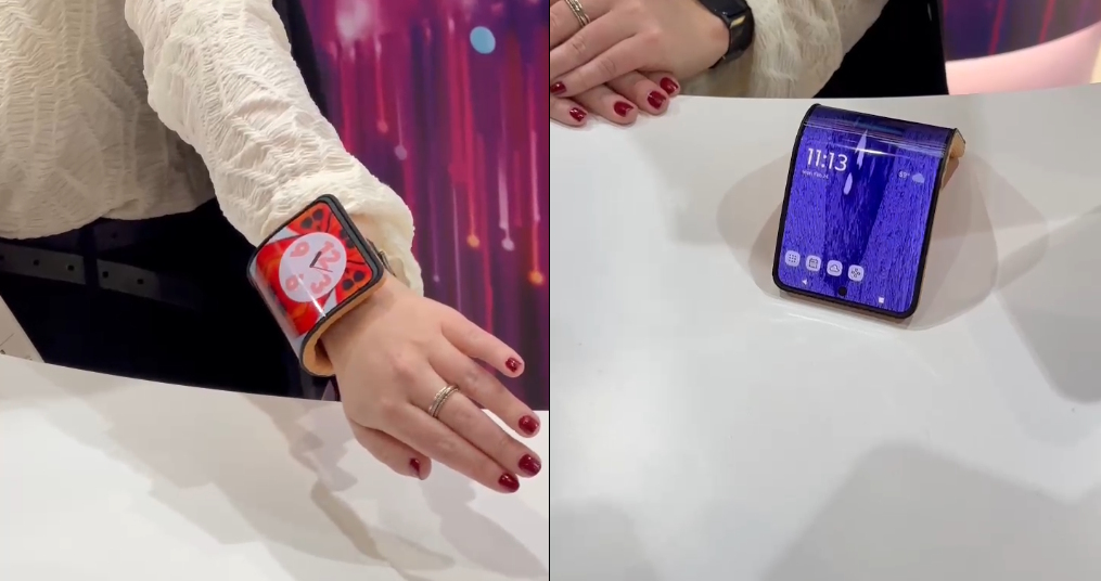 motorola bendable wrist phone on hand and on the table