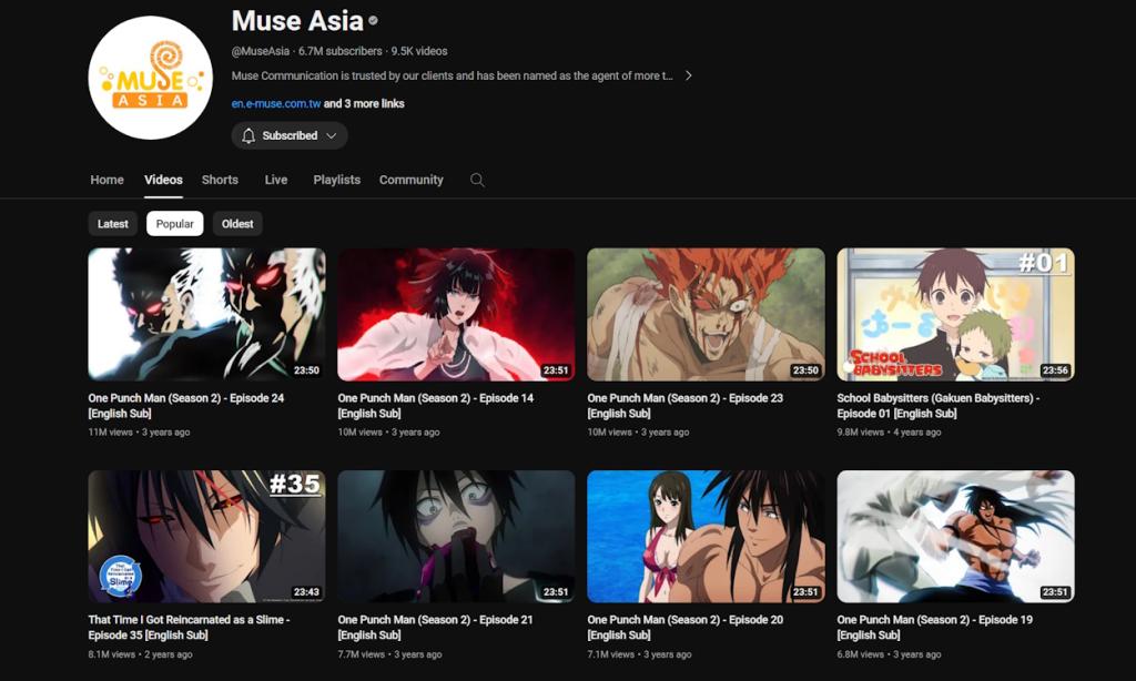 Youtube homepage of Muse Asia