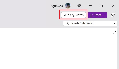 open sticky notes from the onenote app