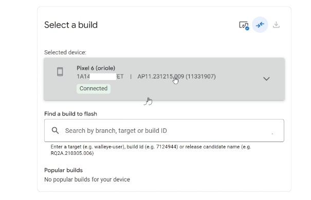 pixel device connected to android flash tool