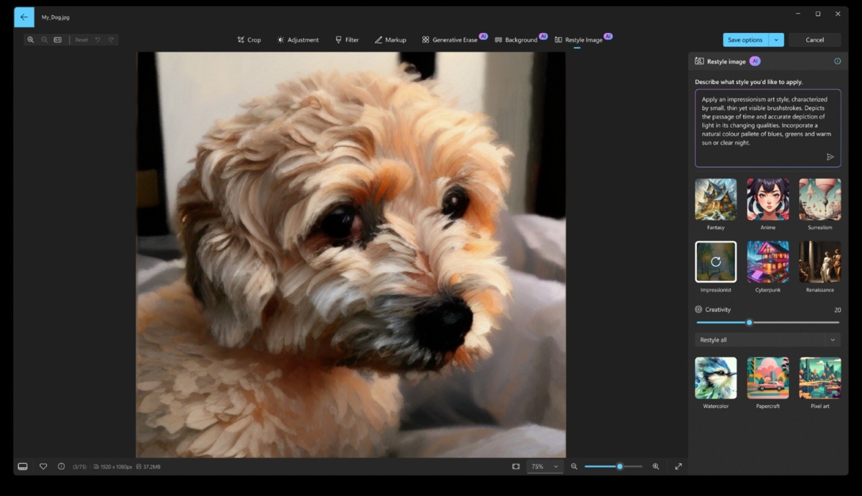 restyle images with AI in the Photos app windows 11 24h2