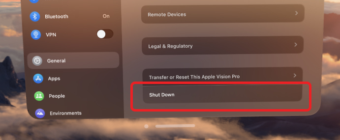 Option to Shut Down Vision Pro from Settings app