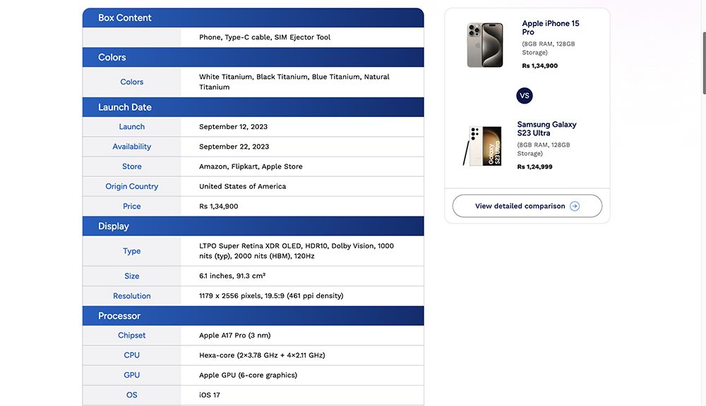 capture d'écran du tableau des spécifications dans Beebom Gadgets