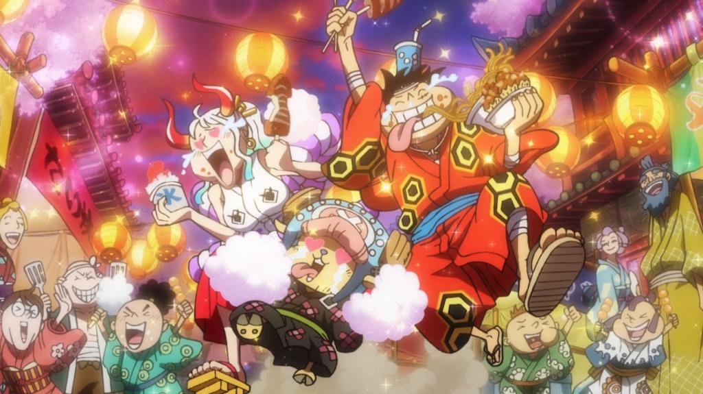 Luffy, Yamato and Chopper enjoying the foods of Wano