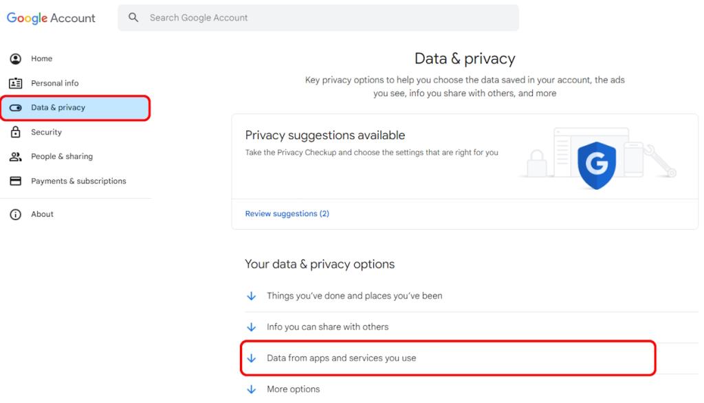 الوصول إلى بيانات حساب Google وإعدادات الخصوصية من الويب