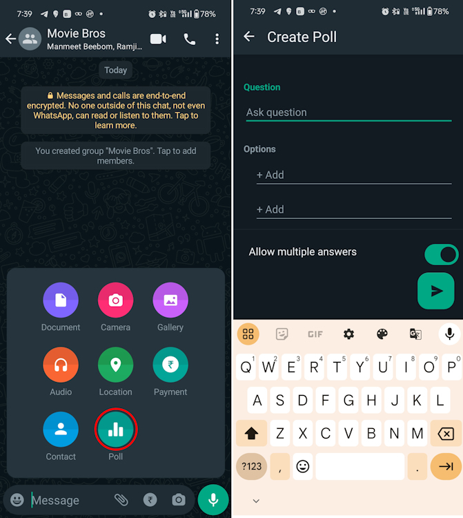 Accessing the Create Poll window on WhatsApp mobile app